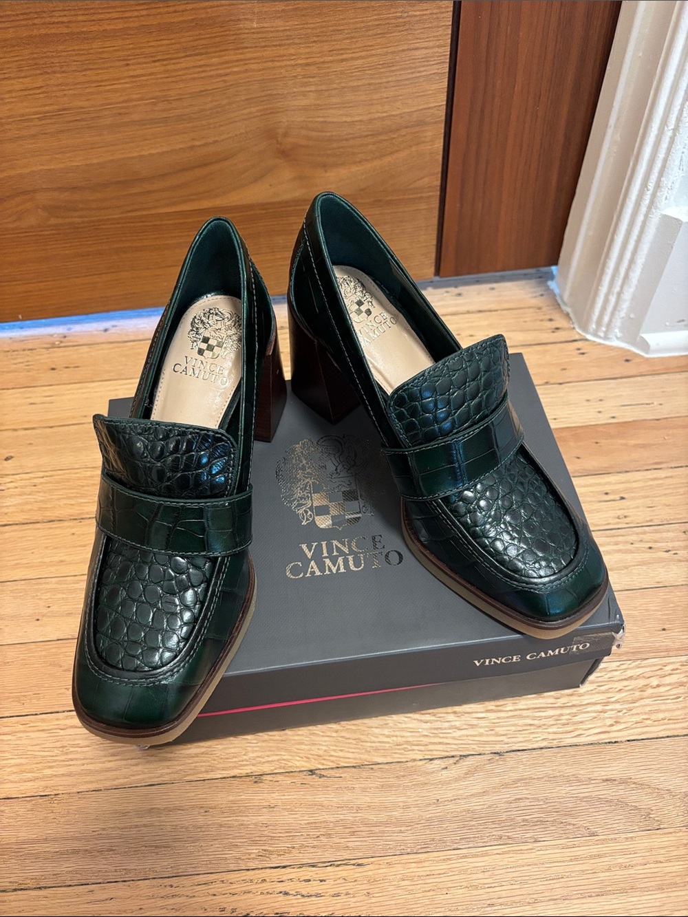 Vince Camuto Emerald Green Croc-Embossed Block Heel Loafers